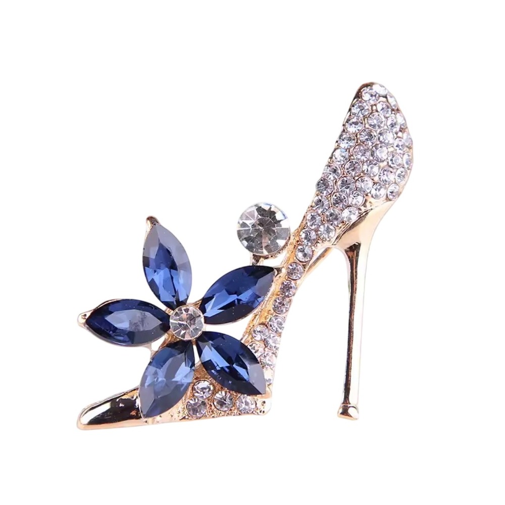 Blue Crystal Flower Stiletto High Heel Brooch‎ Gold Tone Rhinestone Fashion Pin